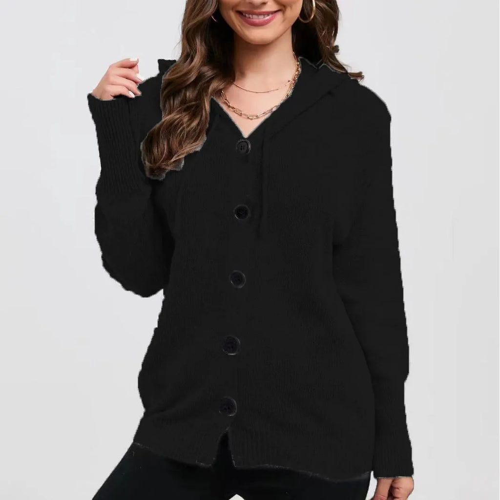 Women's loose fit hooded cardigan sweater in thick cotton fabric, shown in a solid colour.