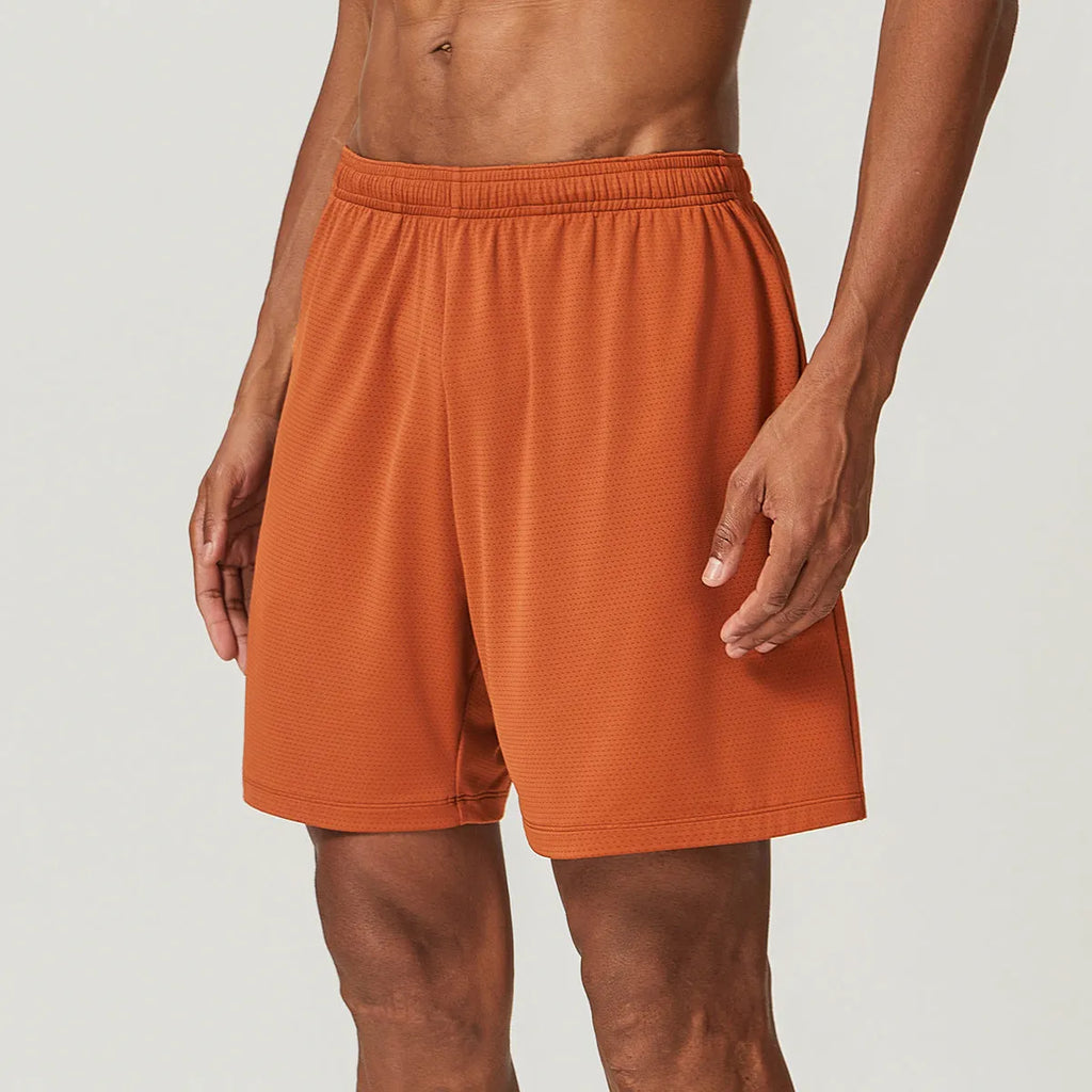 Men's quick-dry nylon double-layer running shorts in dark brown, shown laid flat.
