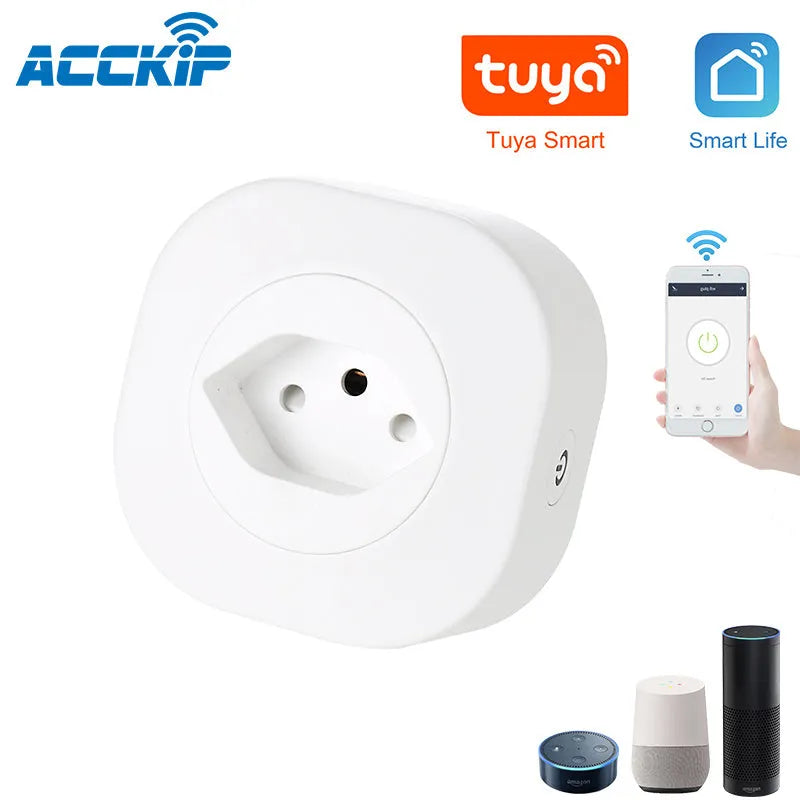 Smart Wi-Fi socket plug with voice control in compact white housing showing plug pins