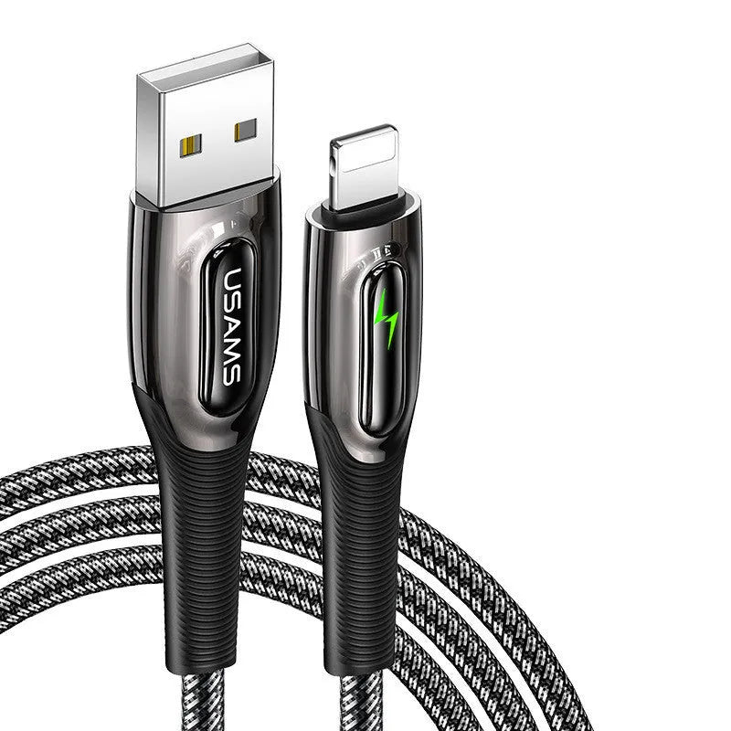 Black braided Lightning cable with intelligent power-off feature for iPhone 12 charging