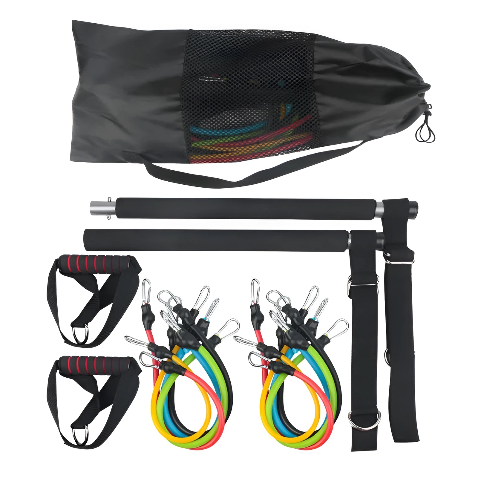 Home squat strength training fitness equipment set with adjustable 100-pound TPE pedal tensioner in black