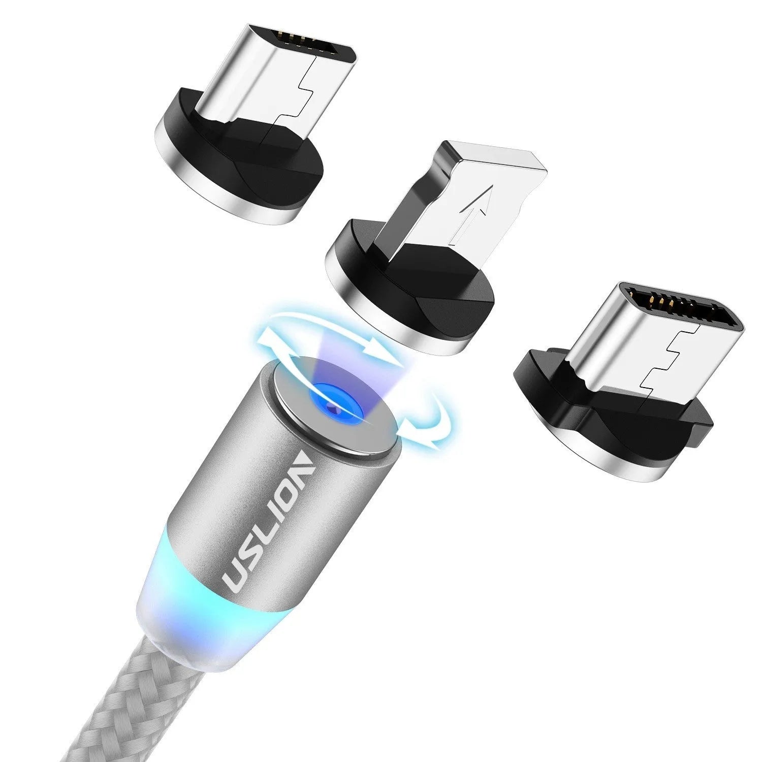 USLION circular magnetic charging cable in black, showing magnetic connector and plug for Android, iOS, or Type-C device.