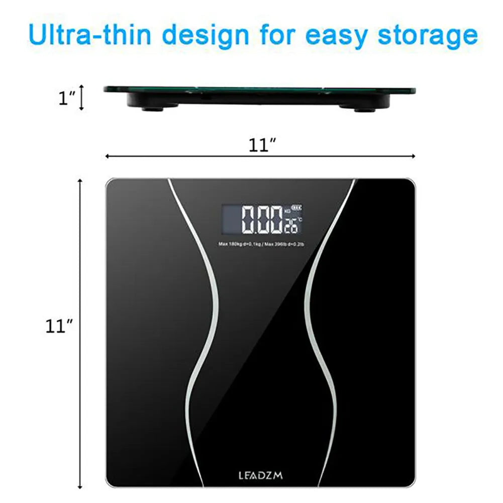 Black electronic bathroom scale with digital display for weight measurement up to 180 kg.