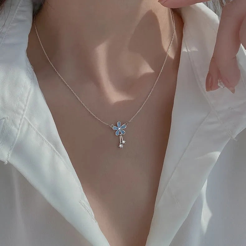 S999 pure silver flower pendant necklace with white nano anti-oxidation finish on cross chain