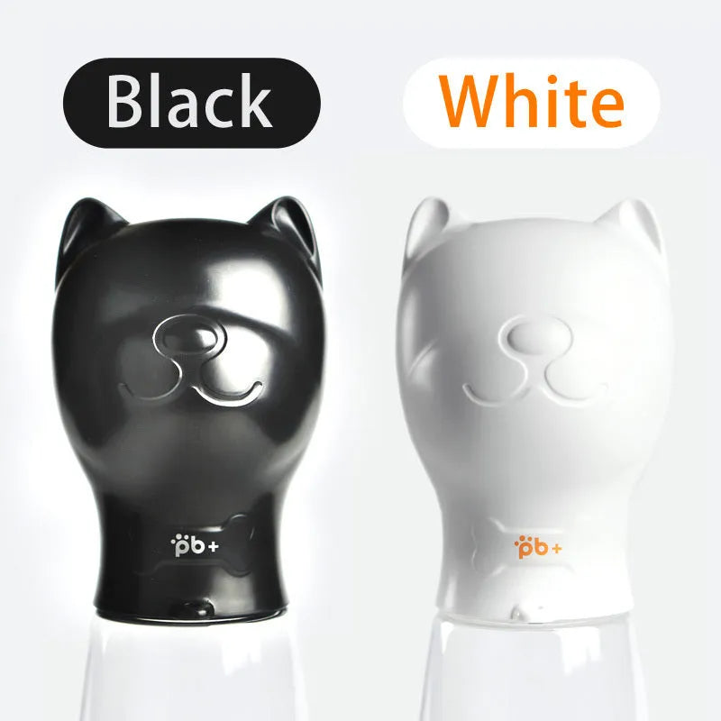Portable pet dog drinker water bottle in black with automatic leak proof outdoor feeder for dogs and cats