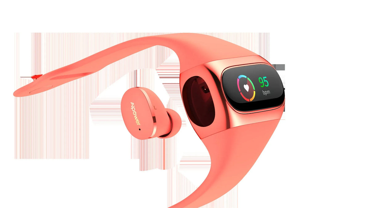 2 in 1 wireless earphone bracelet in black with silicone band and earbuds on wrist