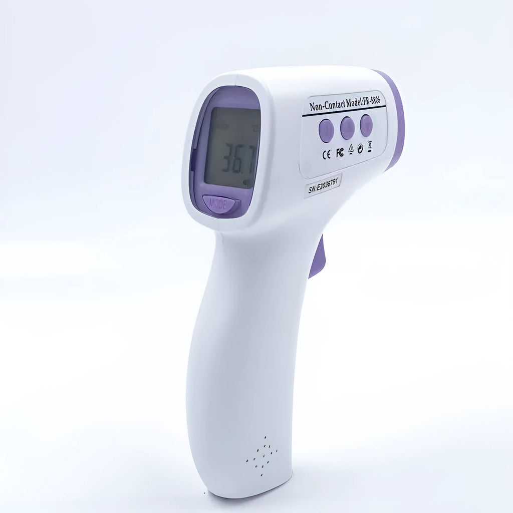 White handheld digital thermometer for non-contact temperature measurement.