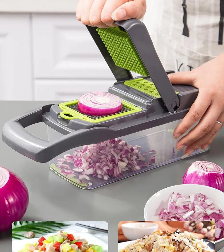 Multifunctional vegetable cutter with 7 stainless steel blades and wheat straw body in black, 31.8 cm
