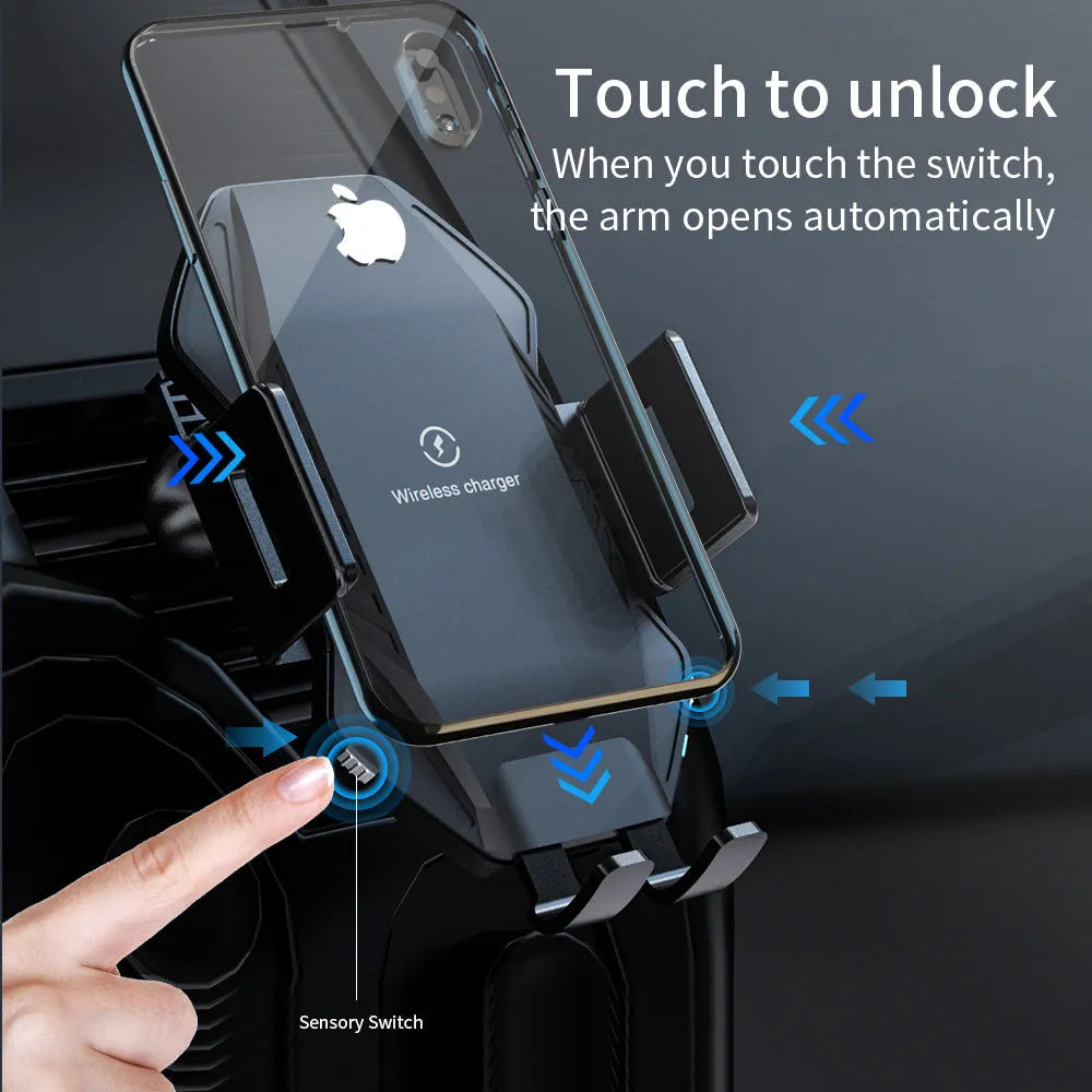 Auto-sensing car wireless charger T3 black with suction cup mount on windscreen showing charging indicator