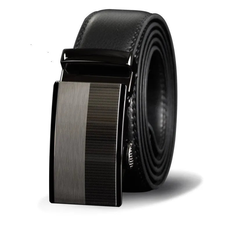 Men's cowhide leather belt with automatic rectangular alloy buckle in black on white background