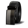 Men's cowhide leather belt with automatic rectangular alloy buckle in black on white background