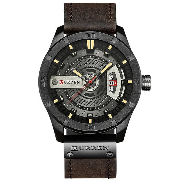 CURREN men's military sports watch with black shell case and brown leather band, 45mm dial showing date