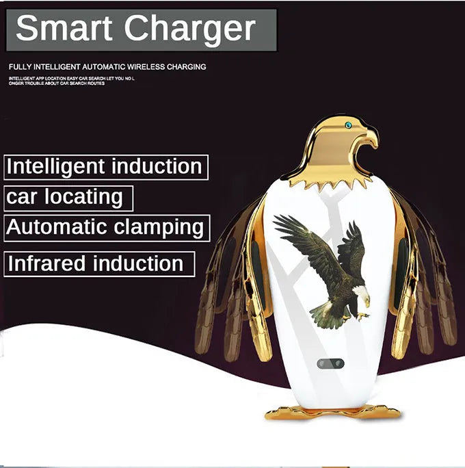 Eagle-style car phone holder with snap-on suction cup mount and wireless charging base in black gold finish