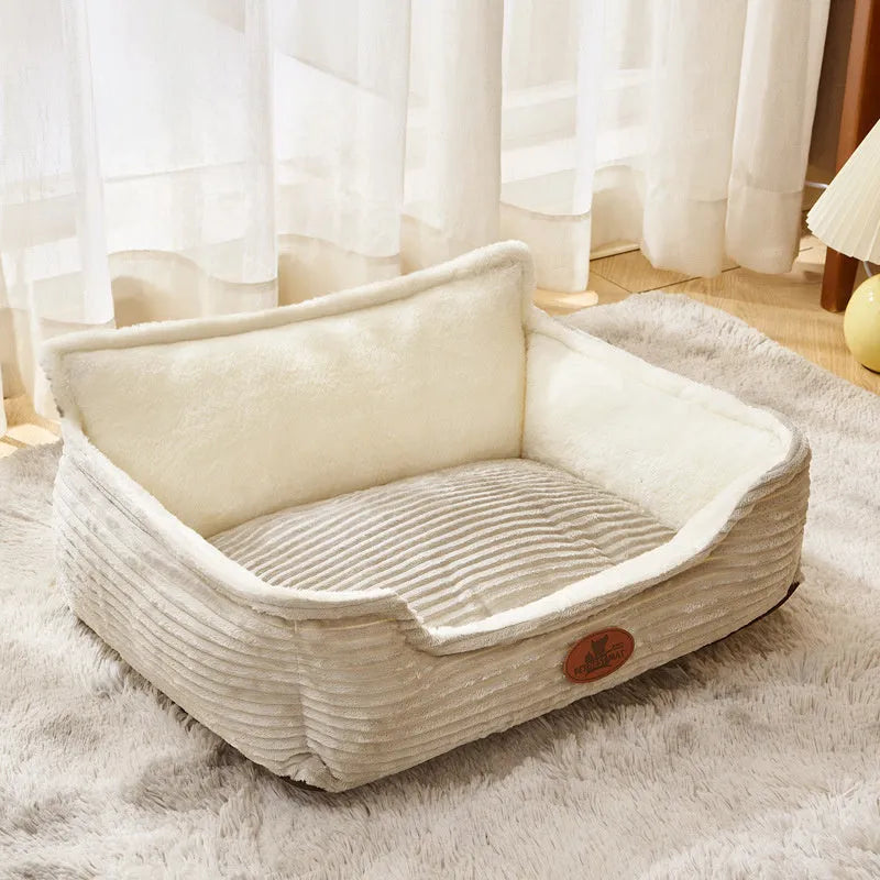 Removable cover pet bed in sofa style for small and medium dogs, shown in coffee colour