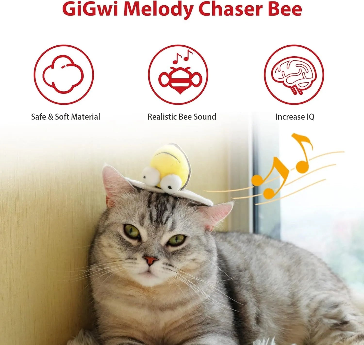 Yellow flannelette bee-shaped electronic cat toy that squeaks when moved