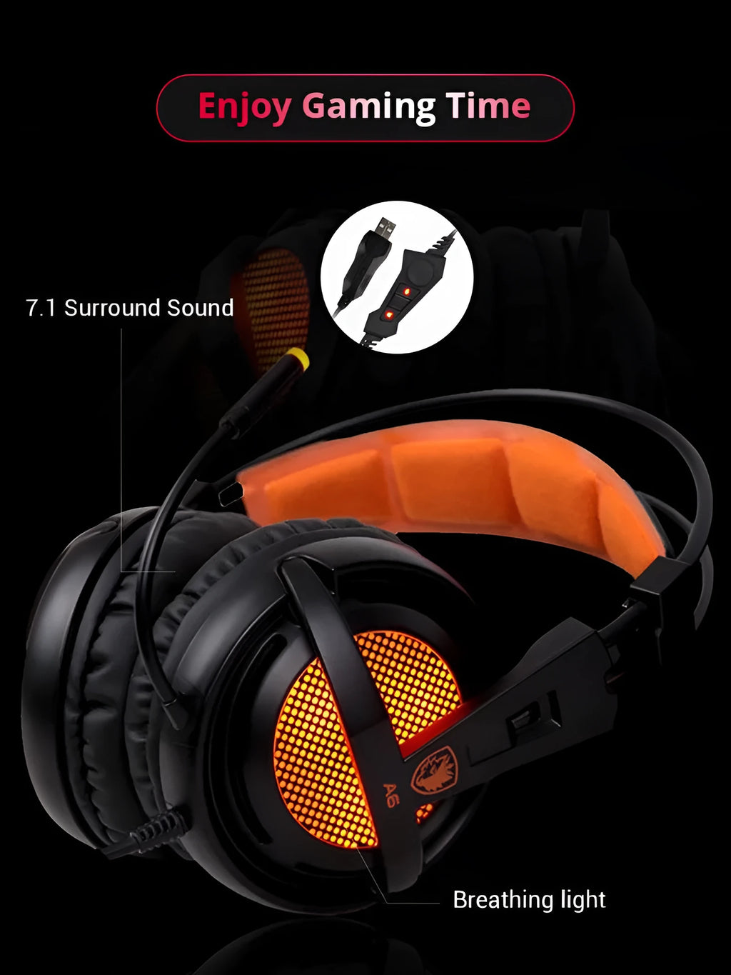 7.1 channel USB gaming headset with surround sound, padded headband, ear cushions, and LED lights, black colour