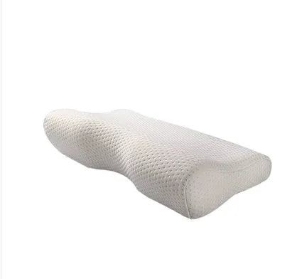 Butterfly-shaped cervical memory foam pillow in blue or milky white colours