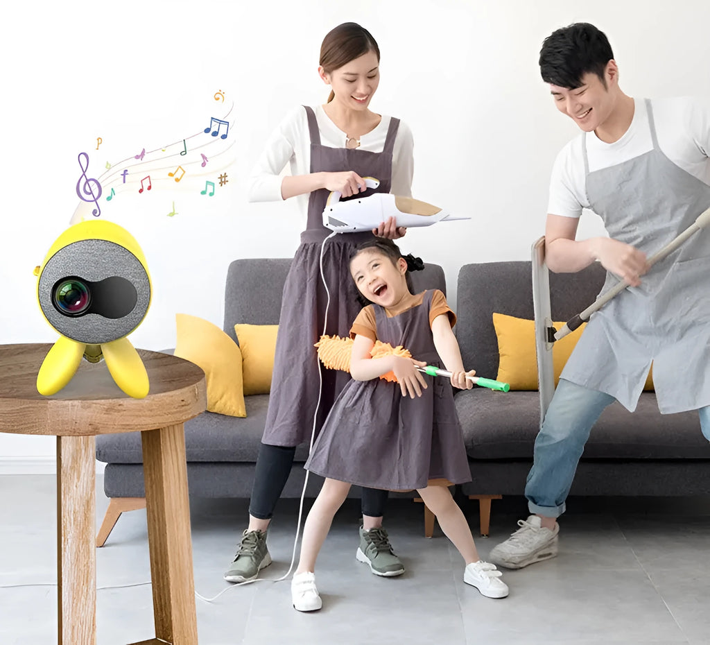YG220 portable LED projector in white or yellow colour showing compact 0.7kg design with 1080P support
