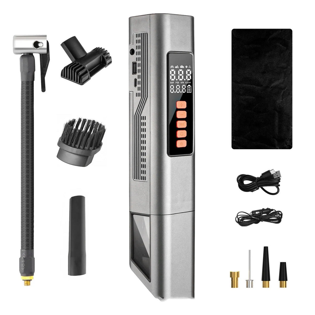 Wireless digital tyre inflator with LCD display showing pressure readings and Type-C charging port