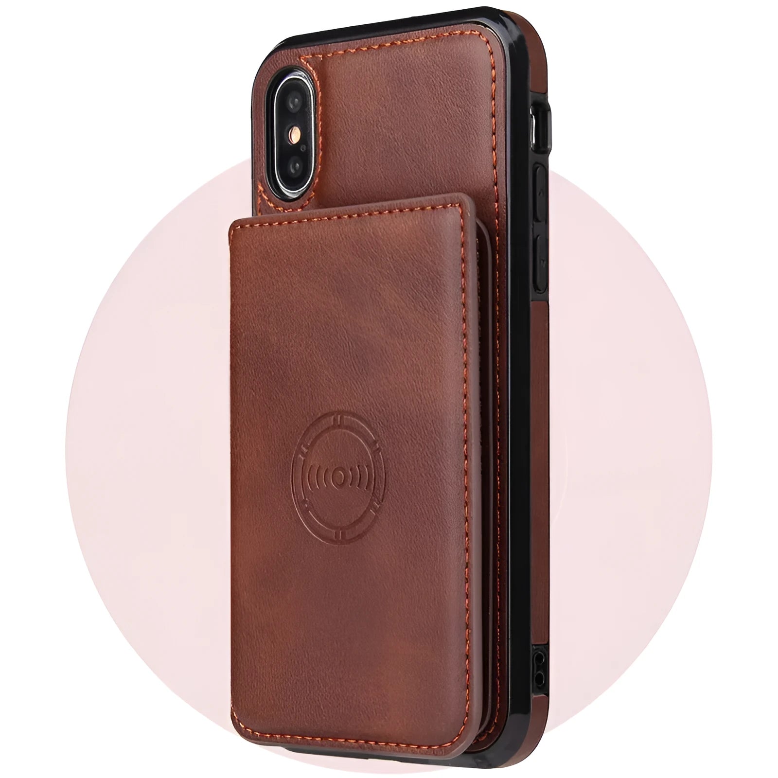Synthetic leather back cover phone case with card wallet slot for iPhone, shown in multiple colour options.