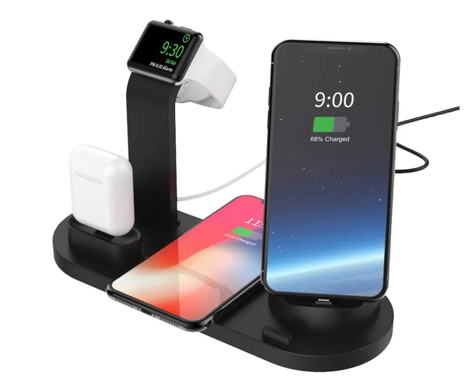 4 in 1 wireless charger stand for iPhone Samsung iWatch AirPods in black silicone material with 360 degree rotating dock