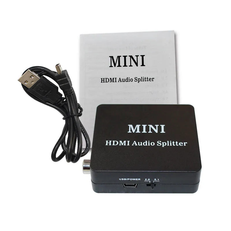 HDMI audio video splitter in black with HDMI input, HDMI output, SPDIF, and RCA ports