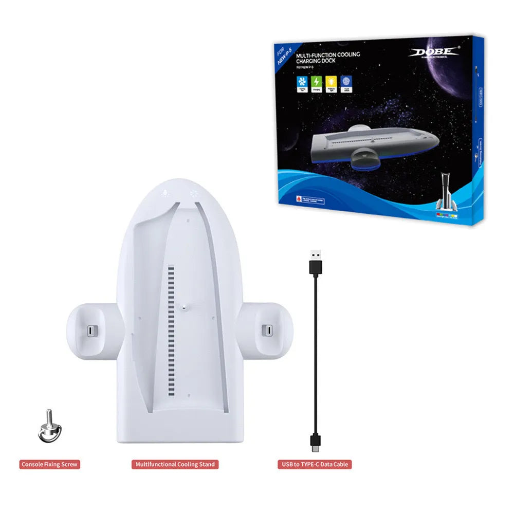 White PS5 Slim multi-function cooler pad with RGB lighting, charging station, and cooling fan