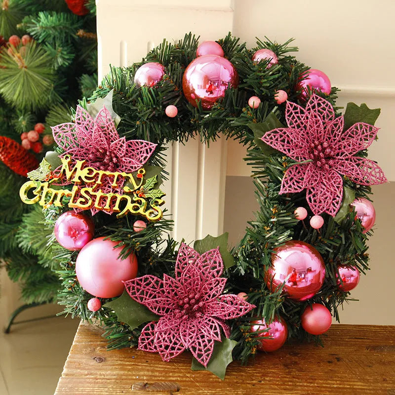30cm diameter multicolour plastic Christmas wreath decoration showing blue, gold, pink, purple, red, and silver colour options