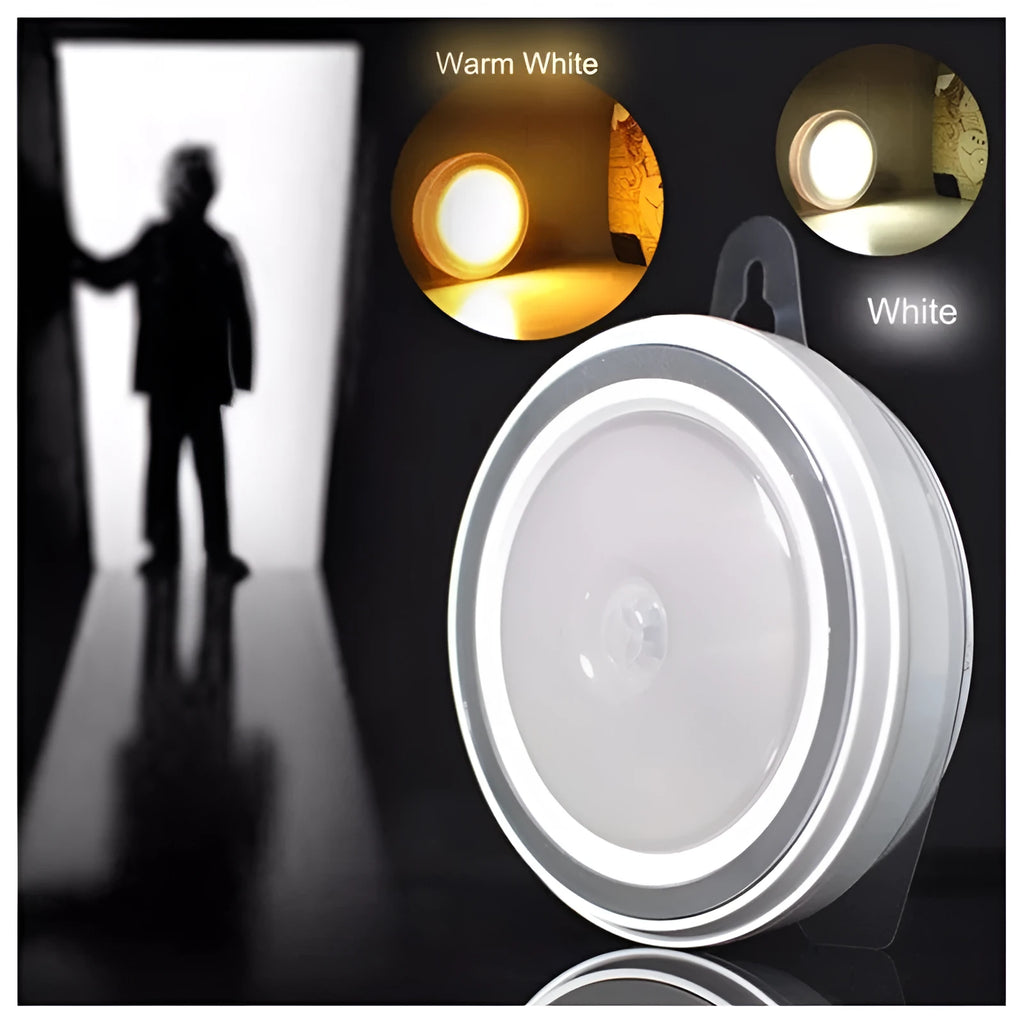 Compact round motion sensor LED light with 80mm diameter, shown in a wardrobe setting.