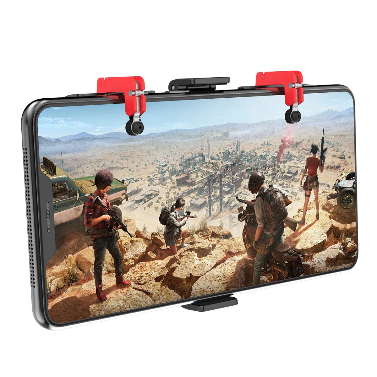 Black PG-9137 mobile phone gaming trigger bracket with adjustable metal trigger and telescopic phone clip.