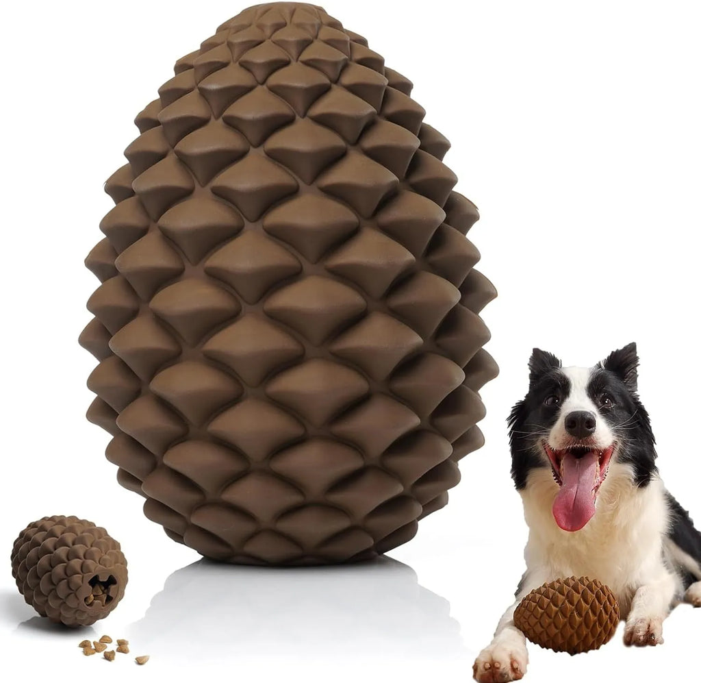 Natural rubber pine cone shaped dog toy with treat dispenser for medium and large dogs