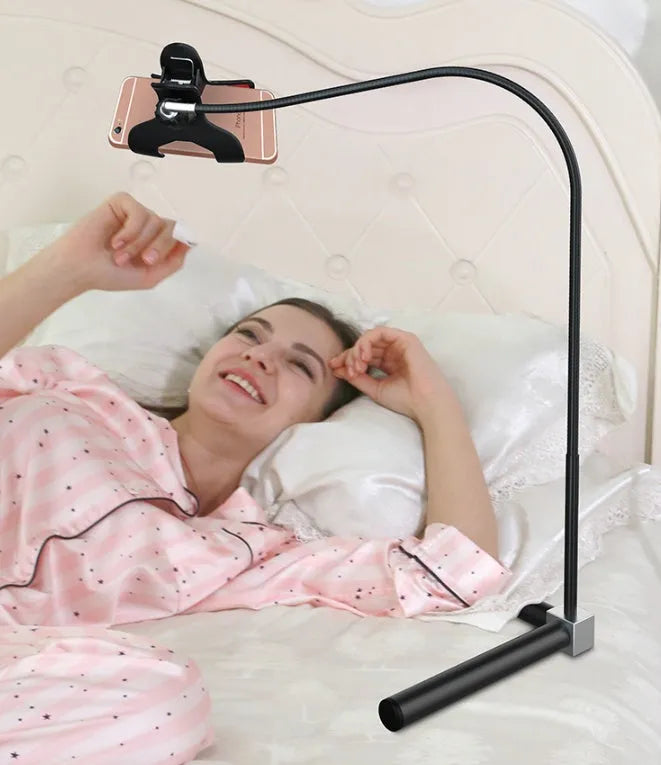 Black and white mobile phone bed brackets and floor stands for bedside viewing