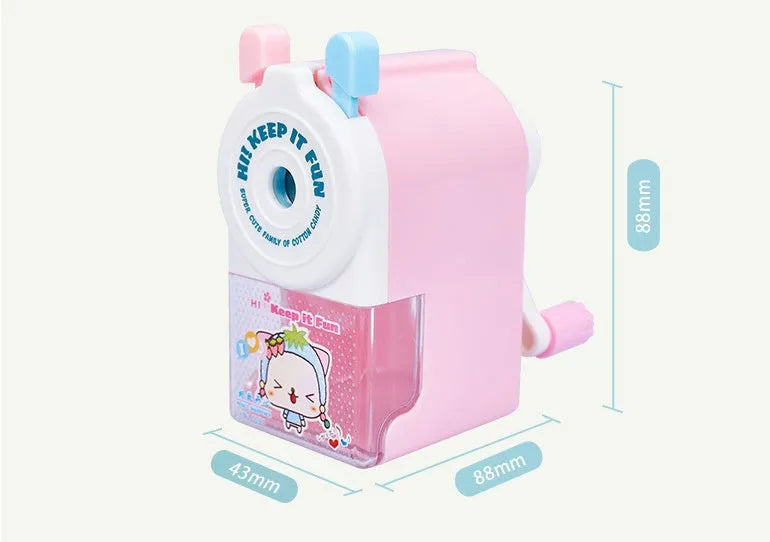 Cartoon pet pencil sharpener with geometric design in blue, green, pink, and purple options