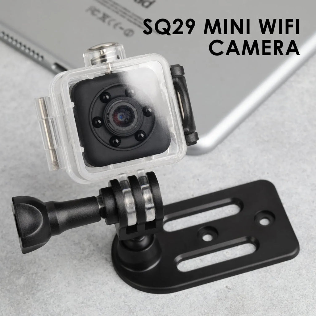 Black SQ29 waterproof sports camera showing MicroUSB port and TF card slot.