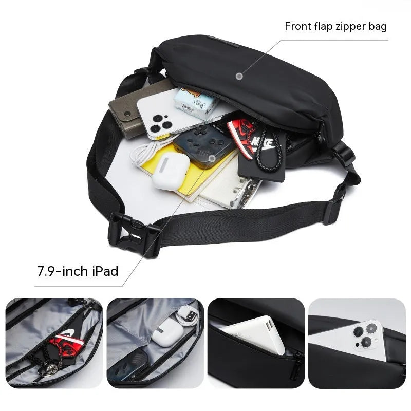 Black Oxford cloth messenger bag with one-shoulder design and street style details
