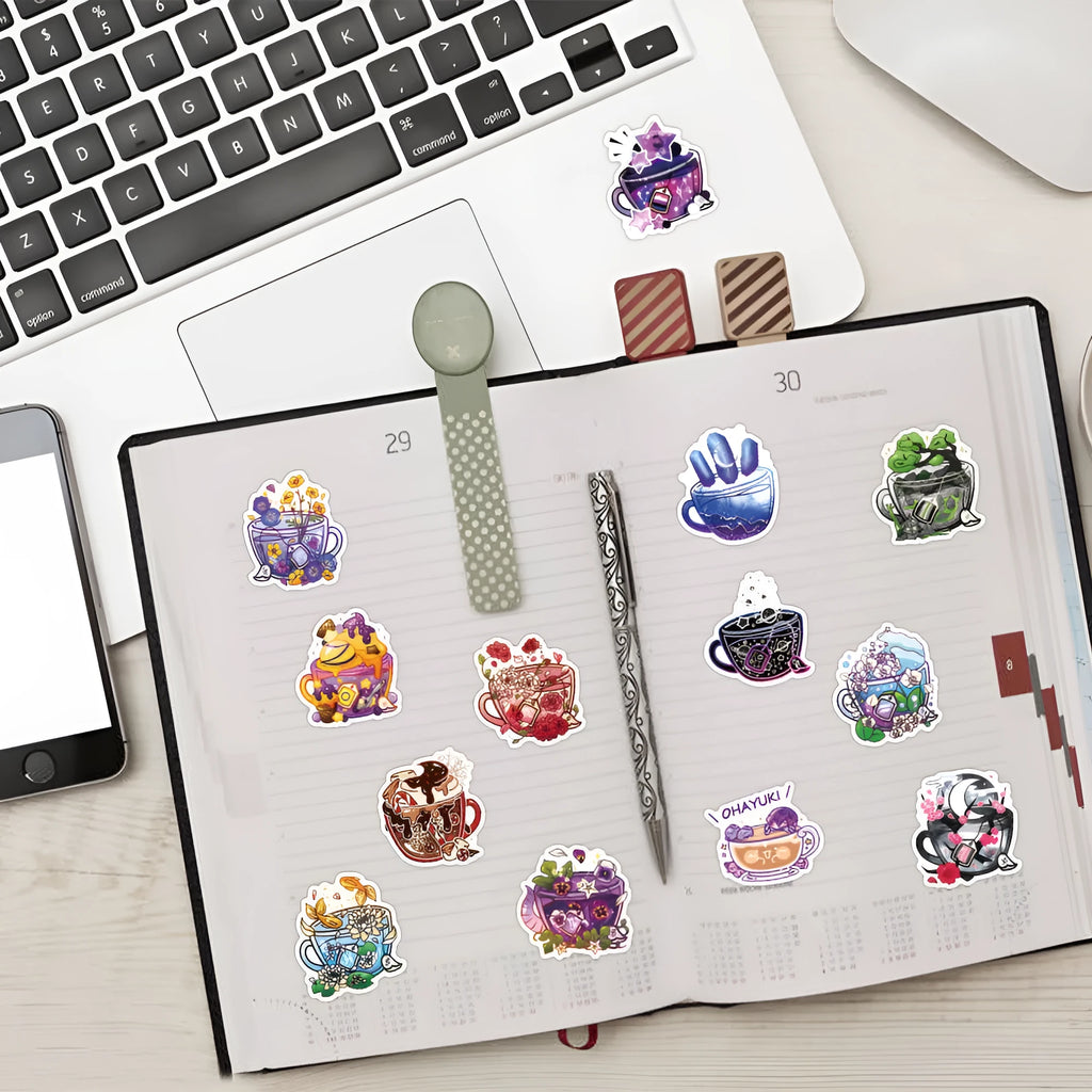 Pack of 50 colourful tea cup graffiti waterproof stickers in Nordic style for DIY luggage and scooter decoration.