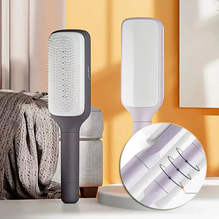 Roland purple self-cleaning hairbrush with rotating handle and anti-static massage teeth