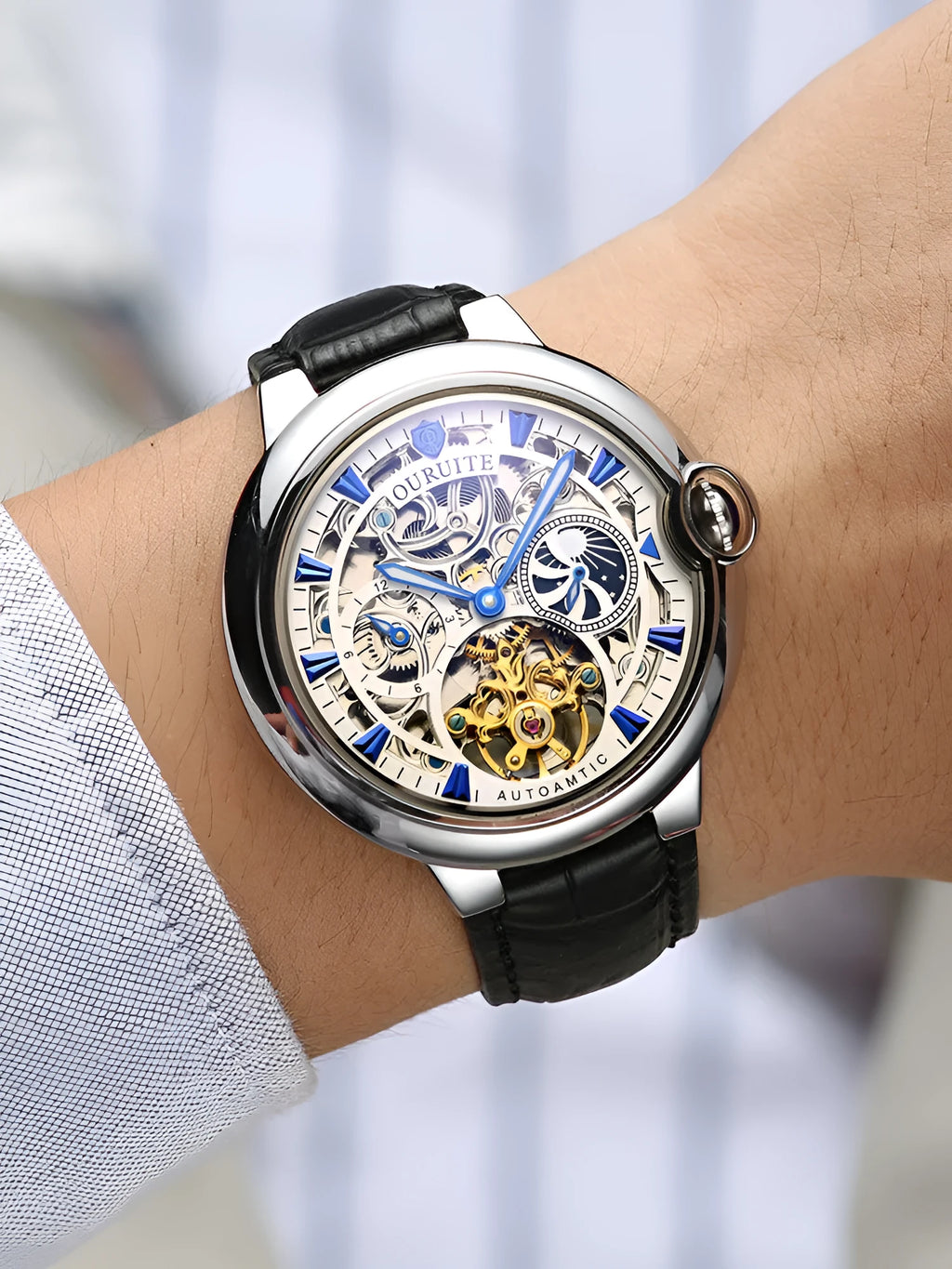 Men's mechanical watch hollow dial 43mm automatic movement rose gold leather strap