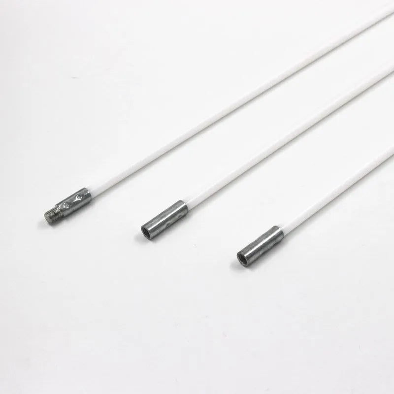 Dryer vent cleaning brush kit with 6 nylon rods, 100mm brush head, and galvanised wire bristles on white background