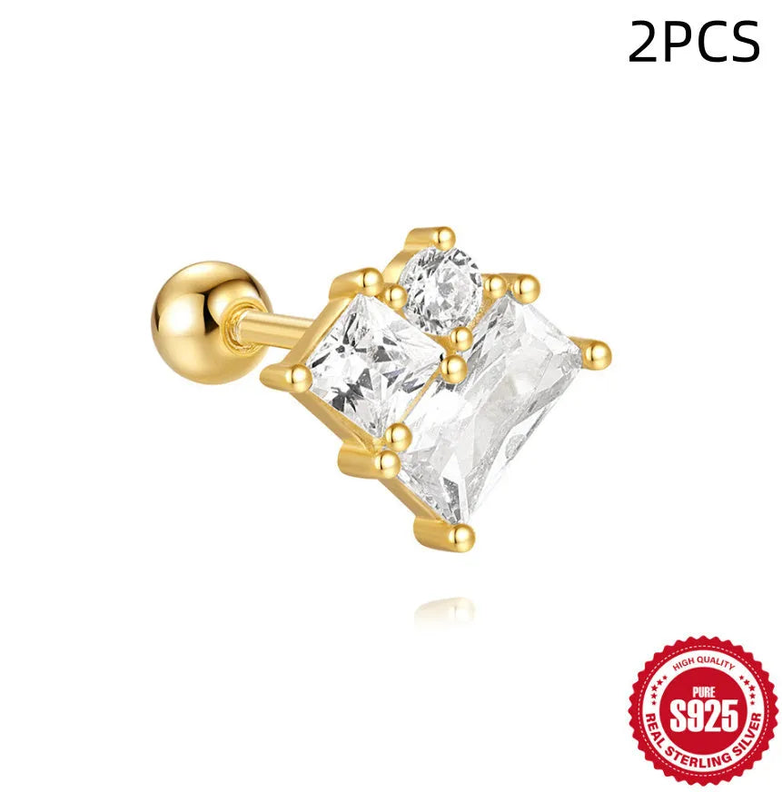 S925 sterling silver flower stud earrings with square gravel setting in golden electroplated finish