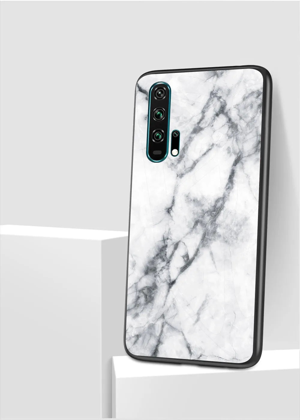 Honor 20 Pro mobile phone in a black marble tempered glass case with silicone bumper