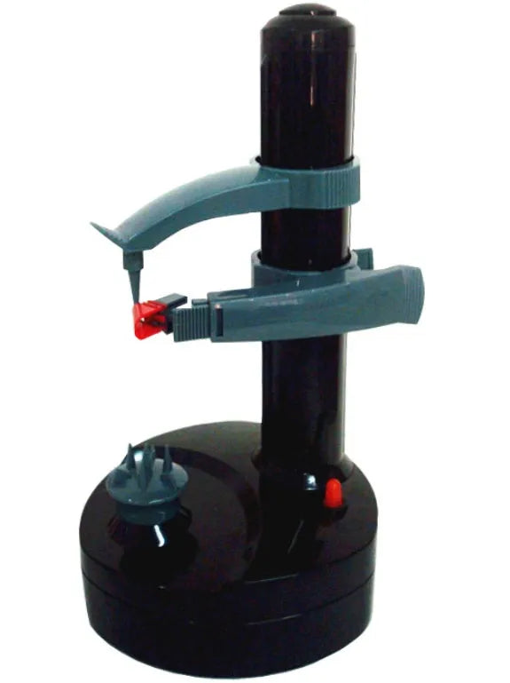 White electric fruit and vegetable peeler with stainless steel blades on plastic base
