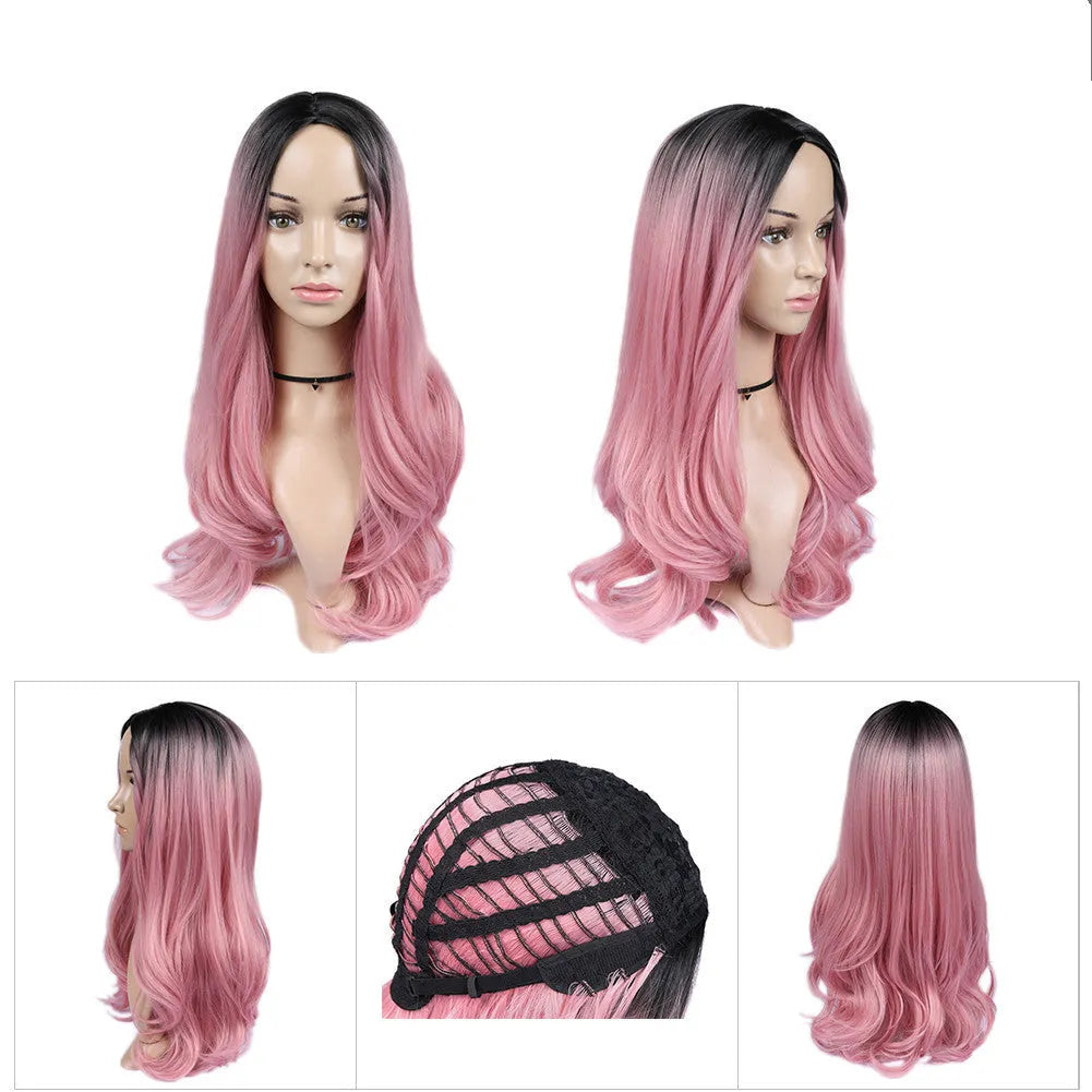 Long curly wig for women 24 inch 61 cm blonde ombre black root heat resistant high temperature wire anime cosplay wig