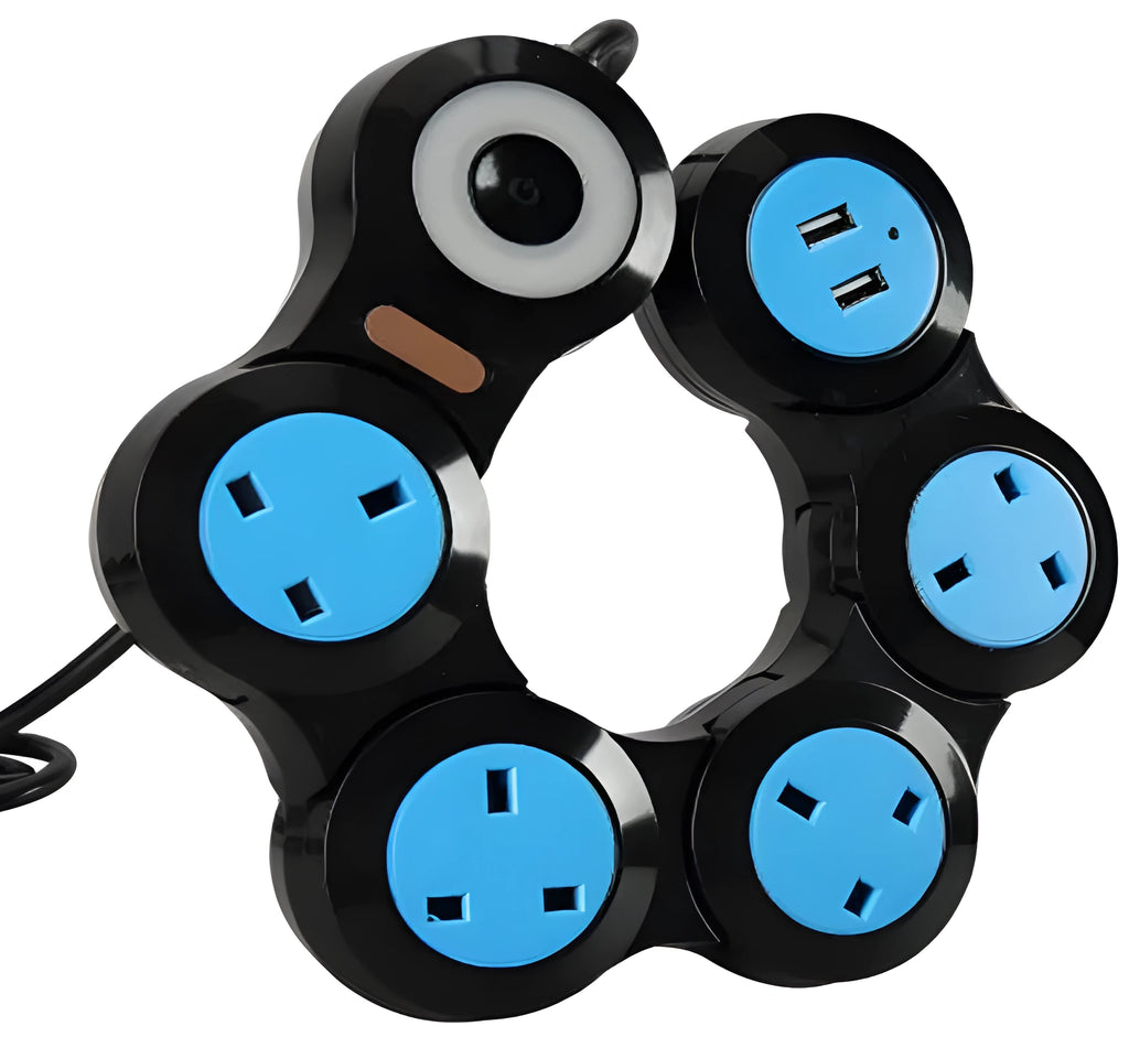White UK standard power strip with 345 socket positions, 2 USB ports, and 4m cable