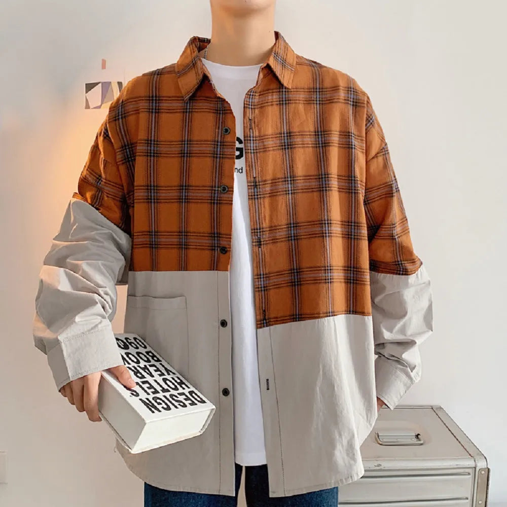 Autumn Japanese plaid stitching cotton shirt for men, green colour, long sleeves, square collar