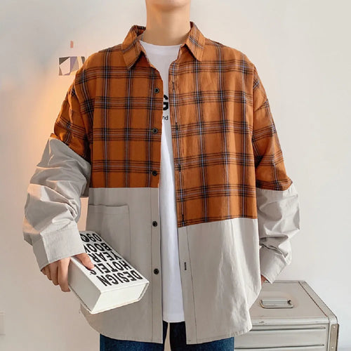Autumn Japanese plaid stitching cotton shirt for men, green colour, long sleeves, square collar