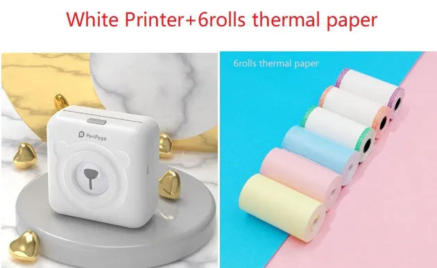Mini Bluetooth wireless thermal printer in white, pink, and blue, compact 79x42x79mm size