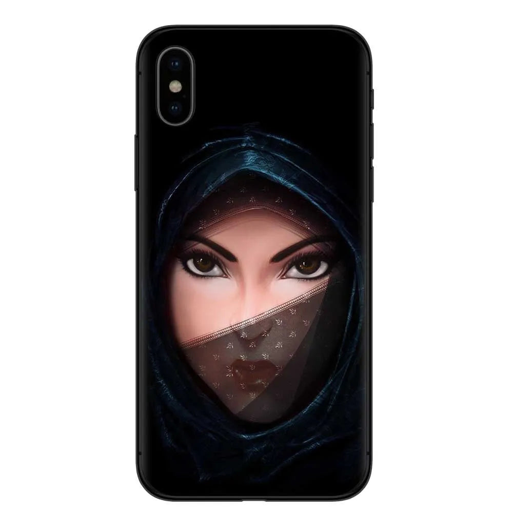 Islamic hijab veil design iPhone case with rhinestone and floral patterns on a flexible TPU back cover.