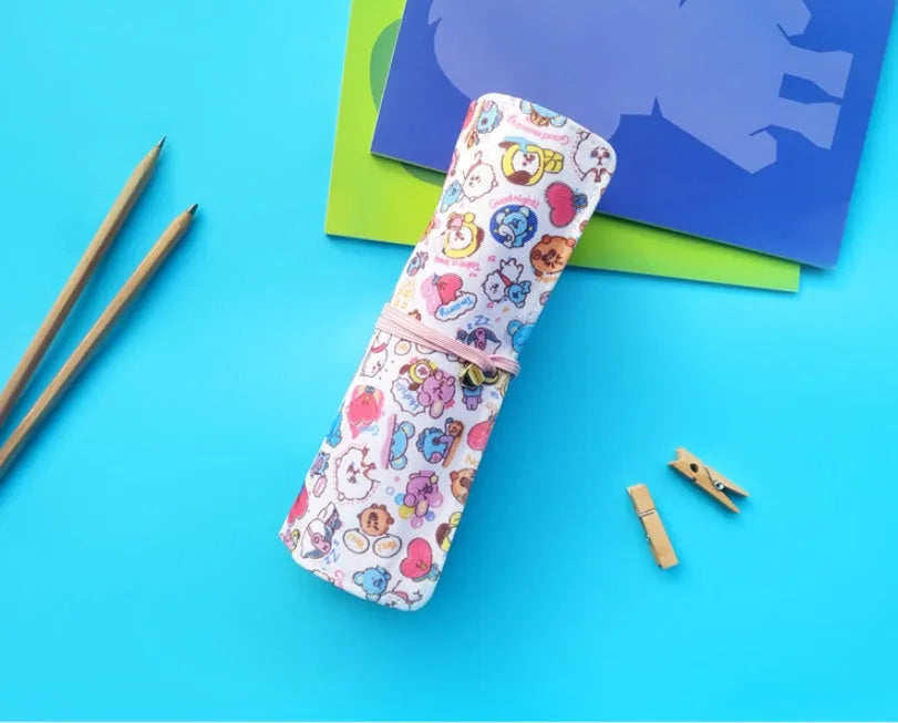Student canvas stationery bag with BT21 full colour print, 19.5x29cm, open showing pens inside