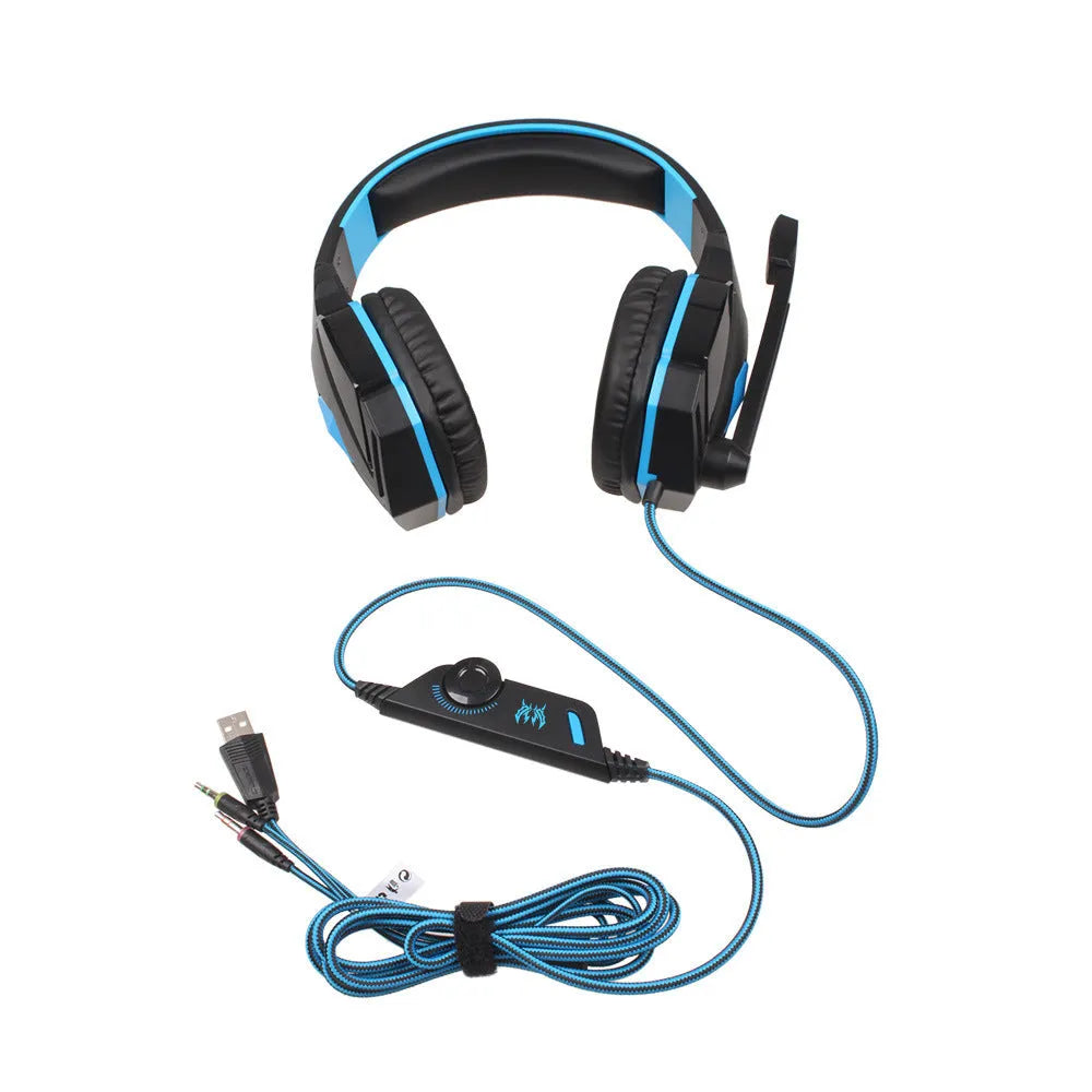 Wired esports gaming headset with memory foam ear pads and microphone in black and blue
